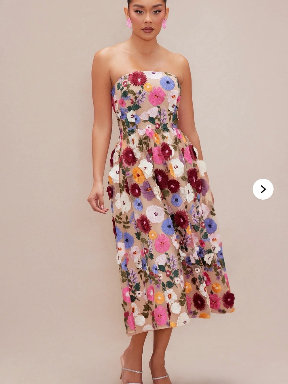 Fashion Nova Strapless Floral Embroidered Midi Dress - Pink Multicolor